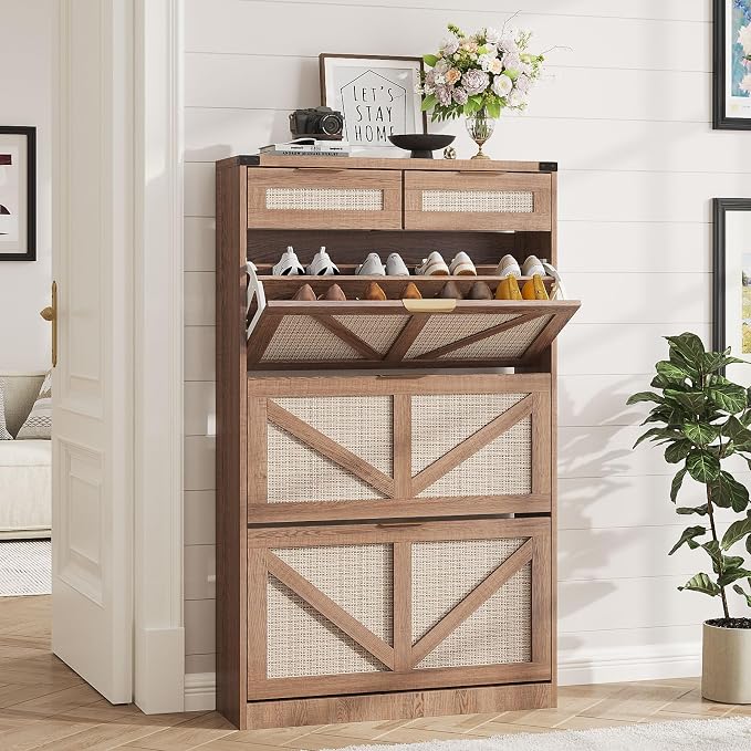 Halitaa Shoe Cabinet with 3 Flip Drawers & 2 Drawers,Freestanding Shoe Storage Cabinet for Entryway,Farmhouse Narrow Slim Organizer Rack for Foyer,Hallway,Rustic Oak Rattan