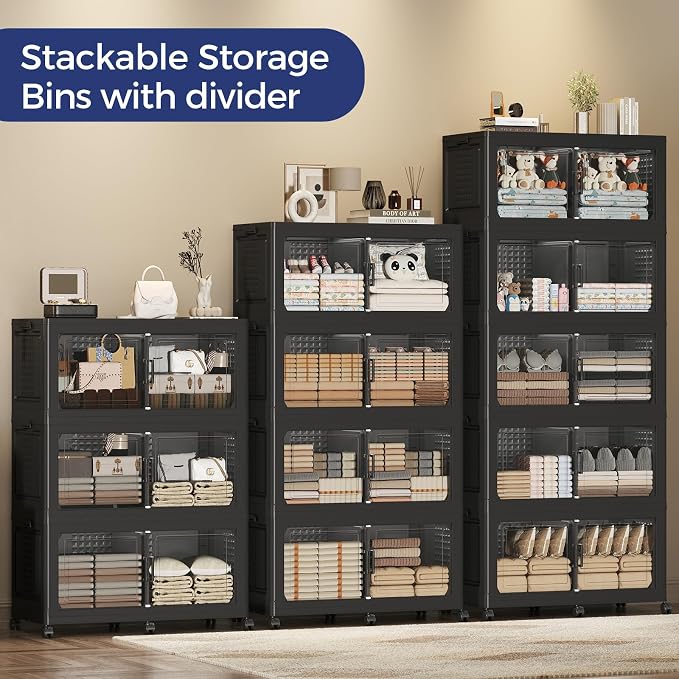 250Gal Stackable Storage Bins with Lid 5-Tier Collapsible Cabinet Closet Organizer Box with Wheels, 1000QT Large Plastic Drawer Container with Doors for Clothes Kitchen Organizing, Black