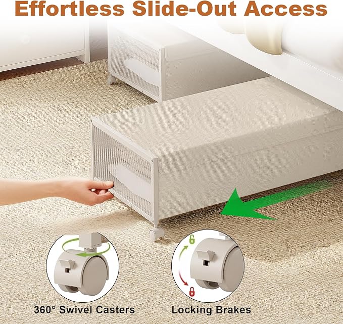 Fokyfok 2Pack Under Bed Storage Containers,10 inch Height,31 inch Long | Under Bed Shoe Storage,Underbed Storage with Wheels,Large Rolling under bed Clothes Storage Drawers,Lid,Dorm Tall,Ivory