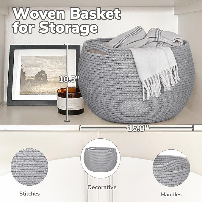 Goodpick Large Toy Storage Basket for Kids, Round, 15.7" x 10.5", Grey | Woven Rope Basket with Handles, Holds Blankets, Toys & Baby Shower, Decorative Basket for Living Room & Bedroom Décor