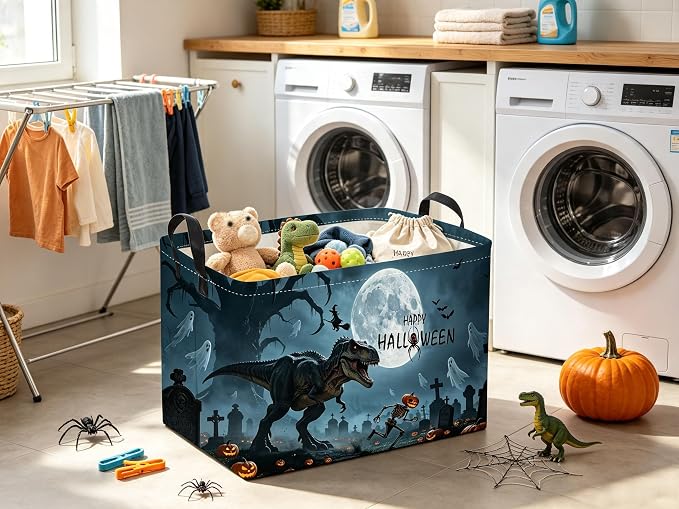Sanjiaofeng Rectangular Dinosaur Halloween Baskets,Waterproof Foldable Dinosaurs Basket with Handles,Nursery Hamper,Home Organizer,Books Box,Gift Baskets(Misty Dinosaur)