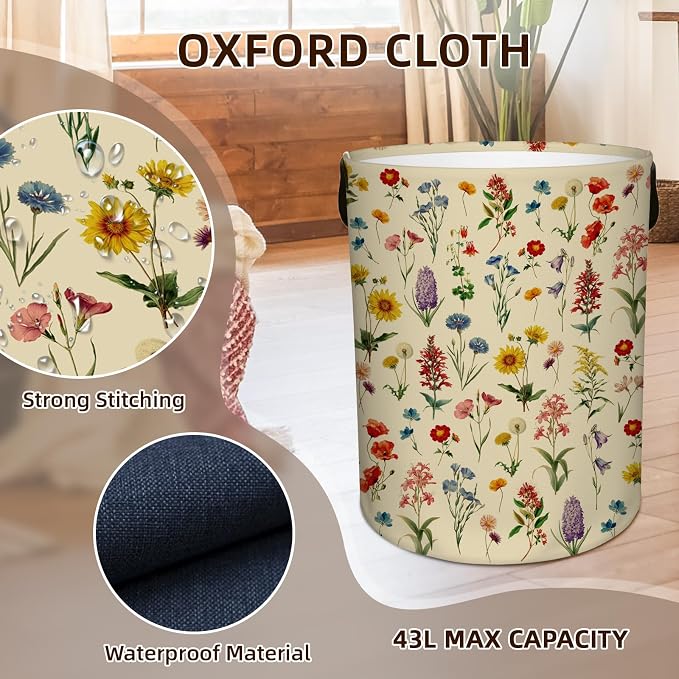 Flower Laundry Hamper, Waterproof Laundry Basket for Bedroom, 43L Round Collapsible Nursery Hamper Storage Bin with Handles for Toys, Storage Basket for Boy Girls, Room Decor, 13.8x17.7 in