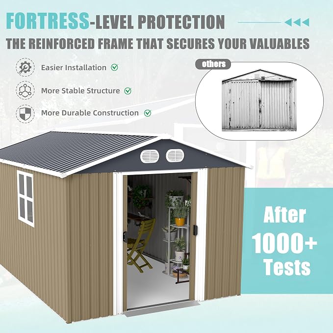 8x12 FT Outdoor Storage Shed, Metal Storage Shed with Lockable Door & Air Vents, Heavy-Duty Storage Tool Shed for Garden, Lawn, Backyard, Brown