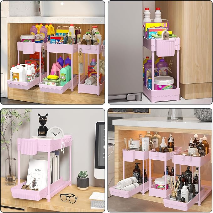 3-Pack 2-Tier Under Sink Organizers with Sliding Drawers | Multi-use kitchen & bathroom storage, 12.8 inch pink cabinet organizer, space-saving sliding drawer design.
