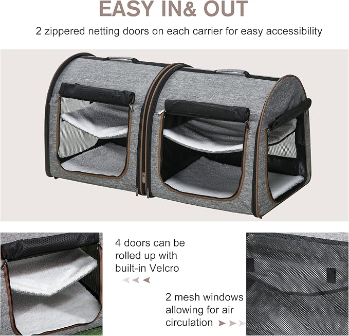 PawHut 39" Portable Soft-Sided Cat Carrier, Two Compartments, Light Gray | Cat Kennel, Travel Dog Crate with Divider, Soft Cushions & Storage Bag, Easy to Fold