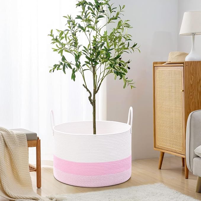 67L Large Woven Blanket Basket, Cotton Rope Baby Laundry Hamper with Handles, Kids Toy Basket for Classroom & Nursery, Soft Round Stuffed Animal Storage, Dog Toy Bin - 20"x13", Light Pink