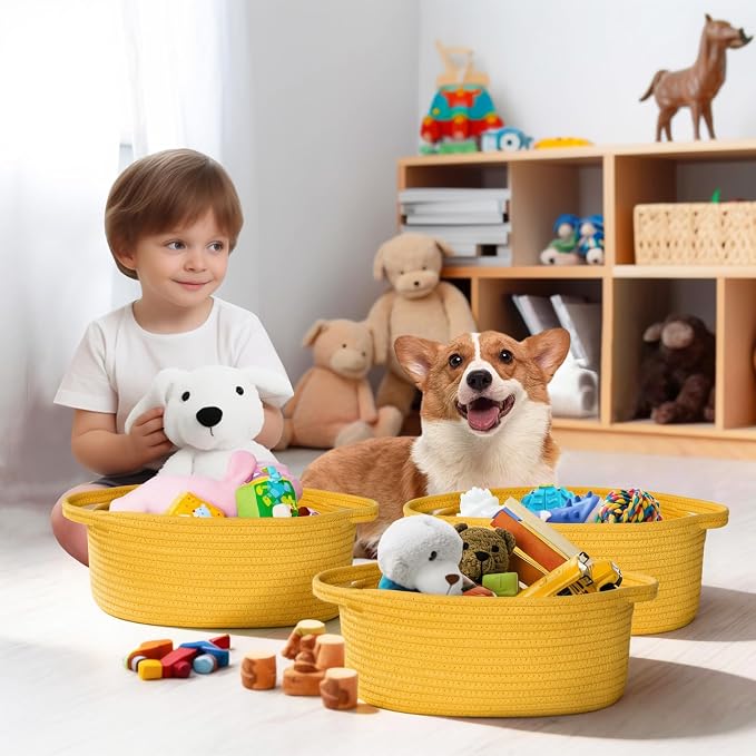 WILLITAT Yellow Basket for Gifts Empty, 13"x 9"x 5" Small Woven Gift Basket with Bag and Ribbon, Cotton Rope Dog Cat Toy Bin Box, Cute Baby Nursery Organizer, Decorative Storage with Handles, Yellow