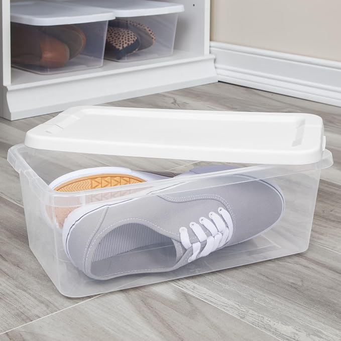 (10) 6 Quart Small Storage Bins, Clear Plastic Storage Containers with Snap-on Lids, White