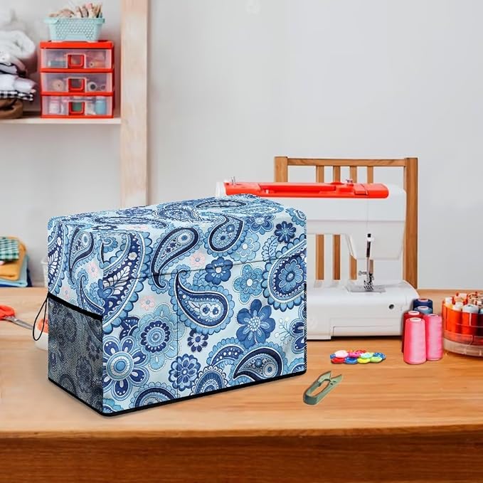 70s Retro Paisley Print Sewing Machine Cover,Protective Cover Hippie Style Dust & Pet Hair Protection,Fits Standard Singer & Brother Machine (Blue)