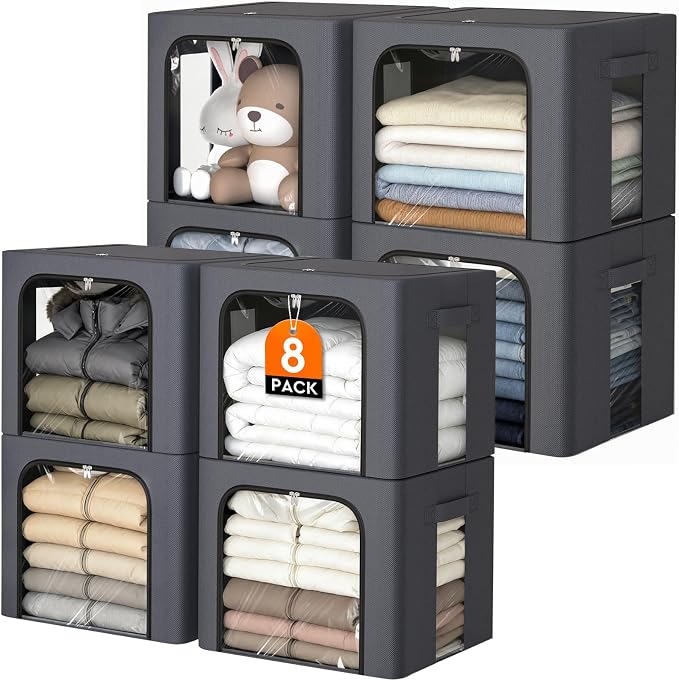 8 Pack Clothes Storage Bins with Metal Frame,Stackable Organizer Bins with Handles for Closet & Bedroom(Light Grey)