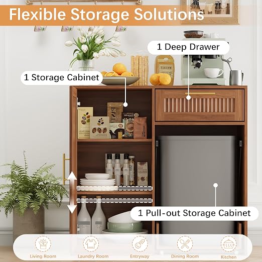 13 Gallons Pull Out Trash Can Cabinet with Storage, Fluted Pet Proof Trash | Kitchen Trash Cabinet with Adjustable Shelf & Drawer, Hidden Garbage Can Cabinet for for Laundry, Living Room