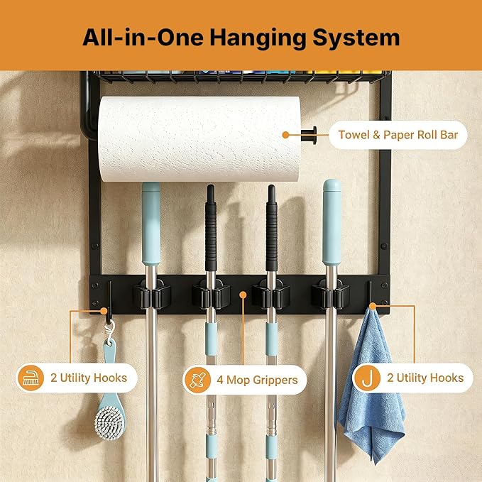 Broom Holder Wall Mount with Paper Towel Holder& Removable Anti-fall Basket | Broom and Mop Organizer Wall Mount Cleaning Supplies Organizer for Laundry Room, Apartment, Utility Room