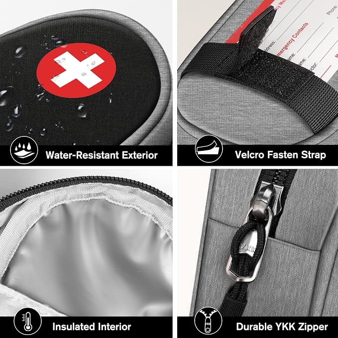 SITHON EpiPen Medical Carrying Case Insulated, Travel Medication Organizer Bag Emergency Medical Pouch Holds 2 EpiPens, Asthma Inhaler, Anti-Histamine, Auvi-Q, Allergy Medicine Essentials, Gray/Black | Emergency Medical Travel Pouch Holds 2 EpiPens, As...