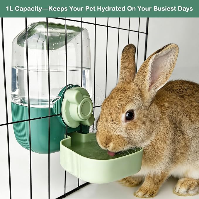 Rabbit Water Bottle, 34oz Pet Hanging Water Dispenser, Cat Water Feeder for Small Animal Ferret Guinea Pig Chinchilla Small Dog Cage Grid Spacing 1.2''-2.1'' (Green)