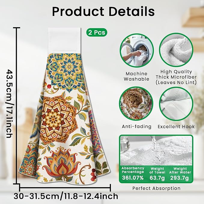 CUTHOLLOW Vintage Flower Pattern Hanging Kitchen Towels with Loop, Set of 2 - Soft & Super Absorbent Microfiber Decorative Hanging Dish & Hand Towel, Tea Coffee Towel for Kitchen Bathroom Oven Handle