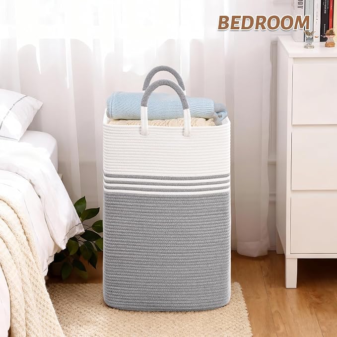 Laundry Basket Hamper,Blanket Storage,Dirty Clothes Hamper with Swivel Handles,Woven Cotton Rope Toy Baskets,Blanket Basket Living Room,Decorative Hampers for Nursery,Bedroom,White & Gray,80L