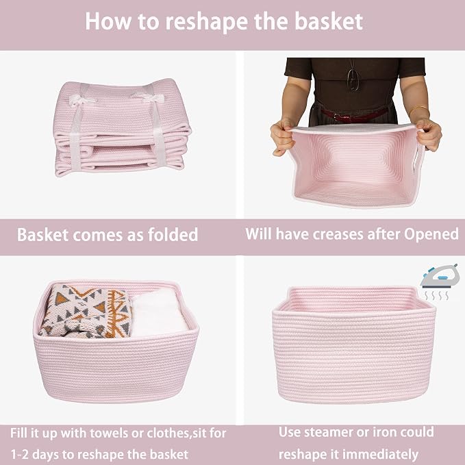XUANGUO Woven Cotton Rope Storage Baskets 15x10x9.3" 3 Pack Light Pink | Decorative rectangular storage baskets for shelves and closets; storage bins organize clothes, toys, books and nursery items.