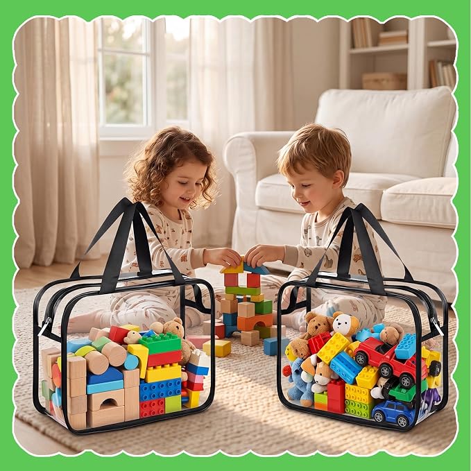 Toy Storage Bags 4 Pack, Clear PVC Toy Organizers, Black | Waterproof PVC, Large 30 x 10 x 22 CM Size, Label-Ready, For Toys, Books, Puzzles, Classroom and Travel