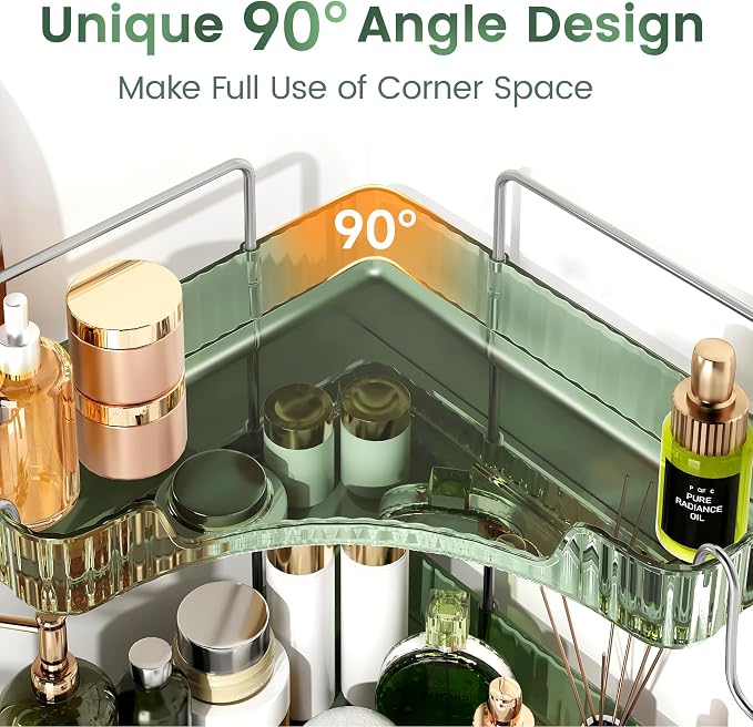 3-Tier Green Corner Organizer, PET Counter Storage with Hooks | Multi-Surface Organizer for Bathroom Vanity & Kitchen Countertop