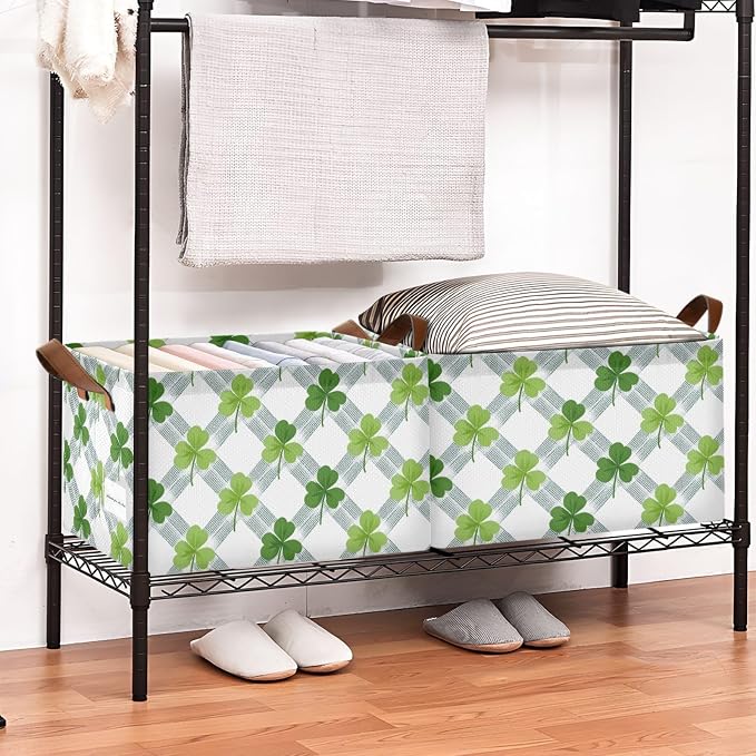 Plaid Shamrock Clover St Patricks Day Storage Basket Foldable Cube Storage Bins with Handles&Label Waterproof Organizer Box Bin Large Rectangle Decorative Baskets for Shelves Home Room Laundry-2 Pack