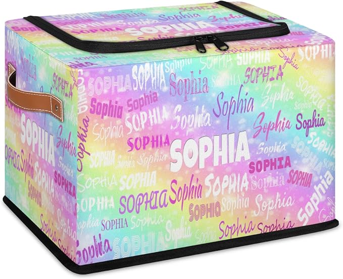 Personalized Kids Toy Box with Name, Custom Nursery Baskets Cubes Box with Zipper Lid, Kids Custom Storage Basket Laundry Baskets Organizer with Handles, Colorful Rainbow Color