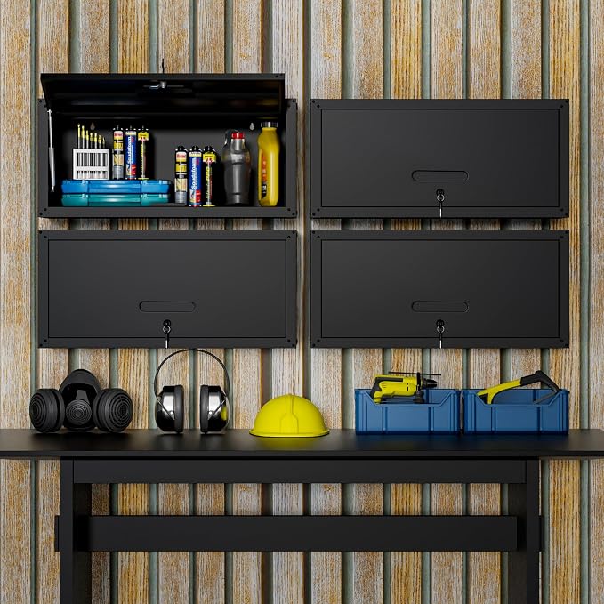 Metal Wall Cabinet,Wall Mounted Garage Cabinets with Lockable Up-Flip Door,Black Hanging Storage Cabinet 130 lbs Capacity,Floating Cabinet for Tool Organization in Basement,Workshop,Kitchen