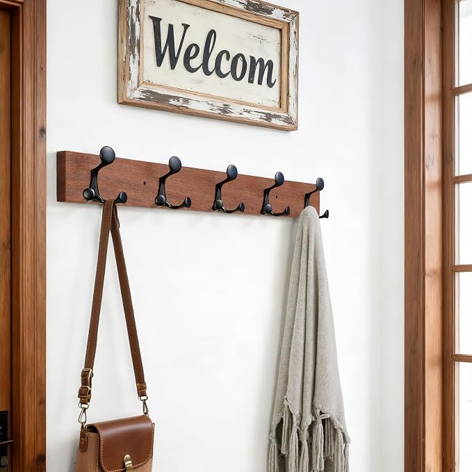SKOLOO 24-Inch Wood Coat Rack Wall Mount with 5 Triple Hooks - Ideal for Family Entrances, Classrooms, and Pet Supplies Storage - Perfect Coat Hooks for Wall,Mahogany (Sapele), Pack of 2