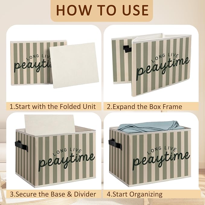 Kids Playroom Foldable Storage Bins Box with Handles, Long Live Playtime Retro Green Striped Decorative Storage Boxes Baskets Toybox Organizer for Kids Nursery Room Bedroom Playroom
