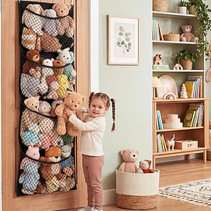 Over The Door Stuffed Animal Storage, Cotton Toy Organizer for Storage Plush Toys, Stuffed Animal Holder with 4 Large Pockets, Hanging Door Organizer for Nursery, Bedroom (Black)
