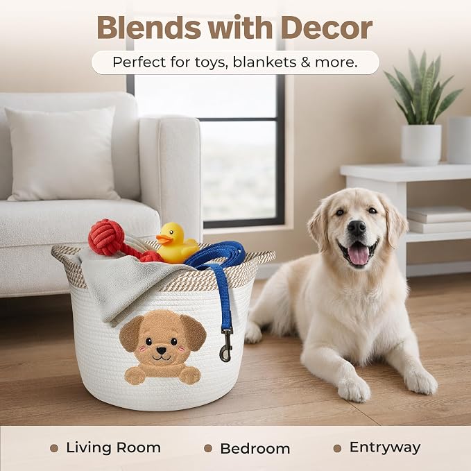 Golden Retriever and Lab Dog Toy Basket, Cotton Rope Storage Bin, 15x11 in | Pet Toy Storage, Blanket and Leash Organizer, Soft Felt Puppy Patch, Dog Mom Gift, Living Room and Crate Side Bin, Spot Clean