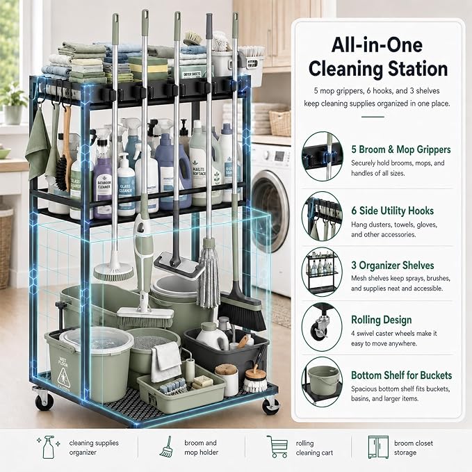 Cleaning Supplies Organizer Cart with Wheels, Broom and Mop Holder with 5 Grippers, 6 Hooks, 3 Shelves, Rolling Broom Closet Storage Rack for Laundry Room, Kitchen, Bathroom, Garage, Poolside