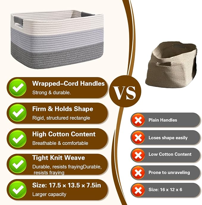 2 Pack Large Storage Basket for Organizing, 17.5"x13"x7" Woven Basket for Shelves, Closet Cube Storage Bins with Wrapped Handle, Cotton Rope Baskets for Kitchen, Clothes, Toys(Gradient Grey)