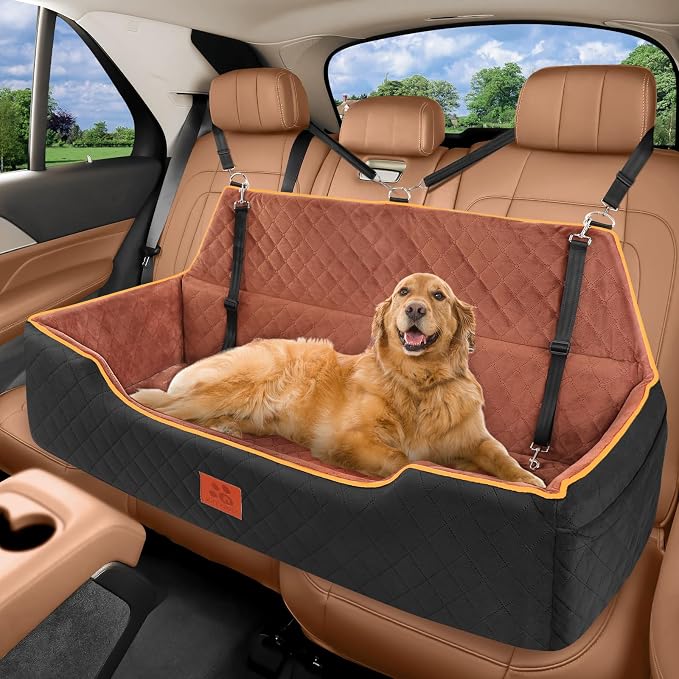 XIEEAOZEE Large Dog Car Seat for Pets Under 100 lbs, Backseat Dog Car Bed | Washable Pet Booster Seat for 2 Medium Dogs, Pet Travel Seat with Storage Pockets, Safety Belts