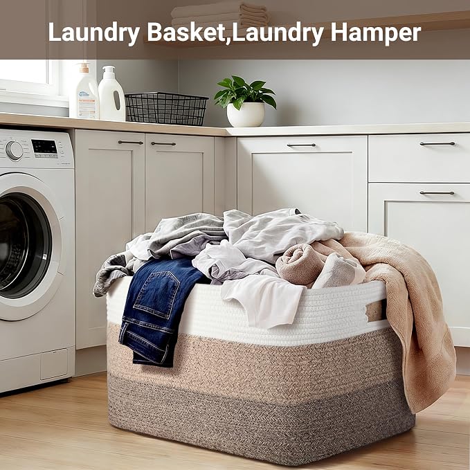 75L Laundry Basket Hamper,Gradient Brown/White, 22"x17"x12" | Cotton Rope Blanket Basket,Rectangle Woven Storage Basket for Living Room,Large Shelf Basket for Shoes,Toys, Clothes, Pillows