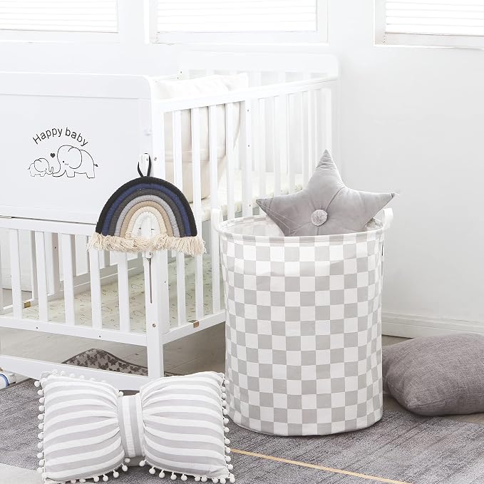 Sea Team Large Canvas Laundry Basket with Handles, Gray Grids | Collapsible Fabric Laundry Hamper, Closet Shelf Organizers, Containers for Clothing, Blankets, Toys, Bedding, 19.7 x 15.7”