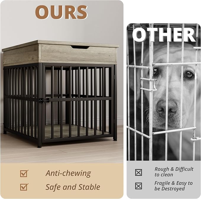 IRONCK Dog Crate Furniture for Small Dogs, Gray | Wooden Dog Kennel with Flip Top Drawer, Indoor Pet Crate End Table with Charging Station, Steel-Tube Dog Cage