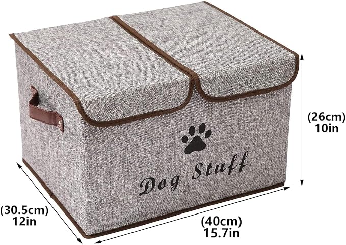 Large Storage Boxes - Linen Fabric Foldable Cubes Bin Containers With Lid and Handles for Dog Apparel, Accessories, Coats, Toys, and Clothing (Grey)