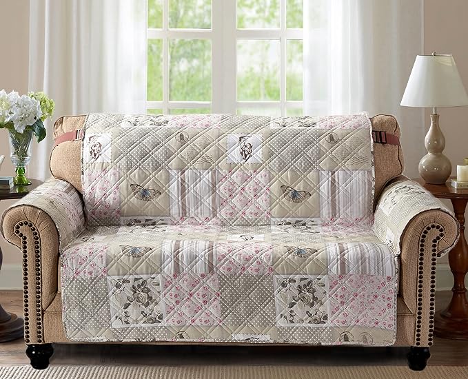 Brilliant Sunshine Grey Cupid & Pink Roses Loveseat Cover, 54" seat | Quilted Sofa Cover, Living Room & Bedroom Furniture Protector, Large Washable Love Seat Slipcover for Pets, Dogs & Cats