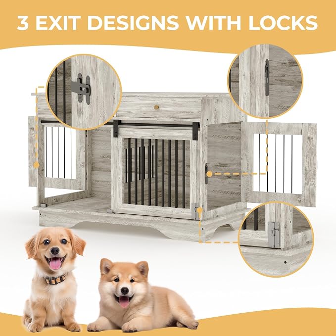Double Dog Crate Furniture with 2 Drawers, 47" TV Stand Style Kennel with Removable Divider for 2 Large/Medium/Small Dogs, Decorative Side Table Indoor Pet Cage Grey | Removable Divider, Dog Crate for 2 Large/Medium/Small Dogs, Decorative Side Table In...