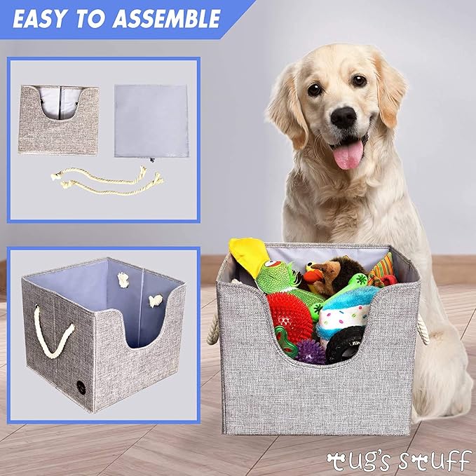 Tug's Stuff Premium Dog Toy Bin & Blanket Basket - Living Room & Nursery Storage, Easy to Clean, Collapsible, Perfect for Toy Organization - 13'x13'x11' - Grey
