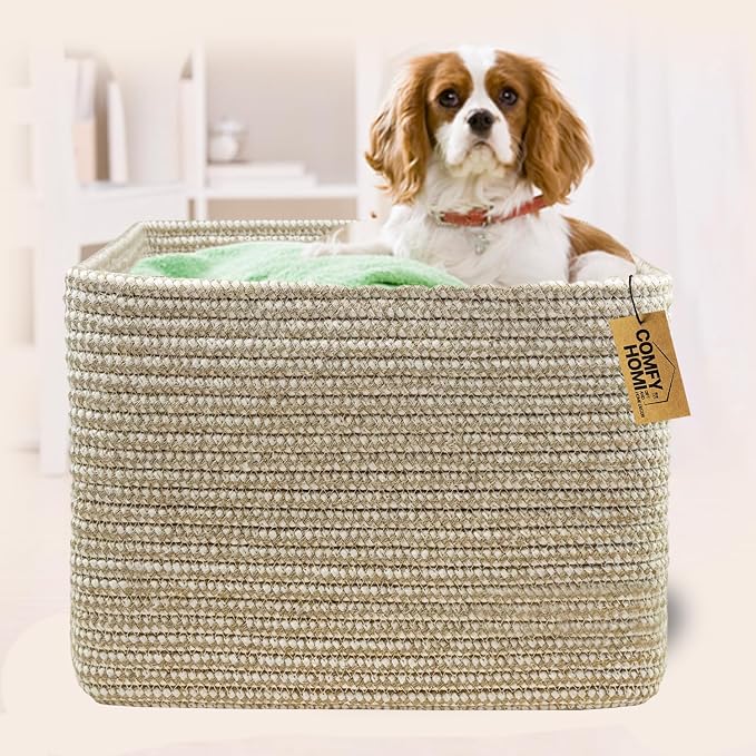 COMFY-HOMI Cotton Rope Woven Basket with Handles for Shelves,Toys,Book, Cloth Storage Baskets Bin for Organizing- 1 PCSToy Decorative Organizer for Living Room, Bathroom