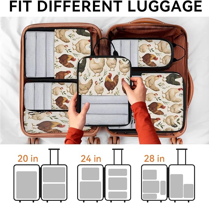 Chicken 6 Set Compression Packing Cubes Hen And Chicken Expandable Packing Organizer for Travel Accessories Luggage Suitcase Bag