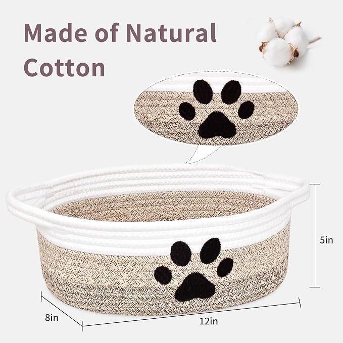 ABenkle Small Woven Basket with Handle, Cute Dog Paw Baskets for Gifts Empty, Decorative Rope Woven Storage Dog Toy Basket, Nursery Baskets for Baby Shower, 12" x 8" x 5"