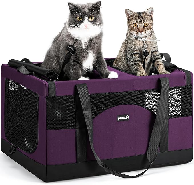 Pecute Cat Carrier, Soft Double Pet Crate for 2 Cats Travel, Purple | Anti-Collapse Steel Frame, Convertible Dual Space, Foldable, Polyester Breathable mesh, Up to 26 lbs, Car Travel & Vet Visits