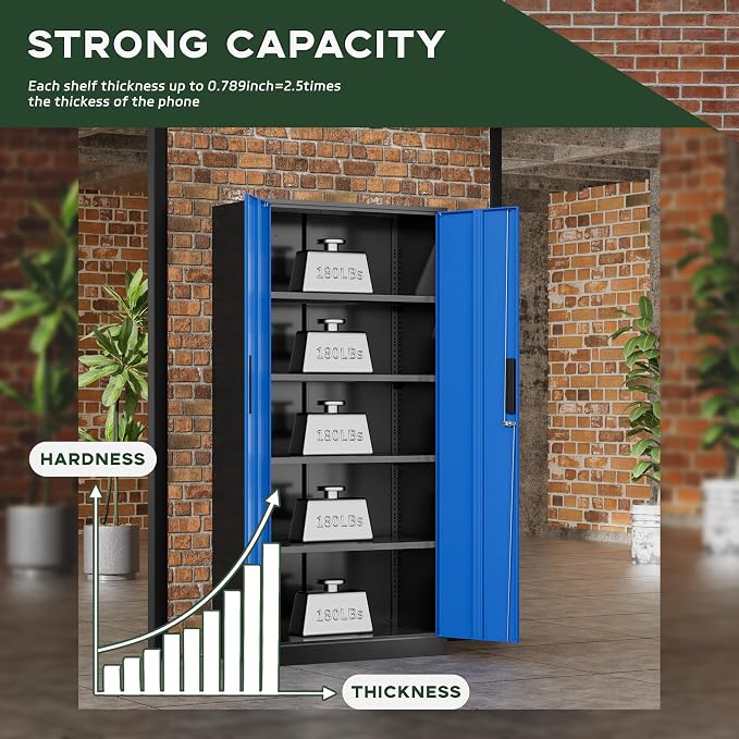 Greenvelly Metal Storage Cabinet, 72" Locking Metal Garage Storage Cabinet with Doors and 4 Adjustable Shelves, Lockable Steel Cabinet for Home Office, Garage, Shop, School (Blue 32" W x 16" D)
