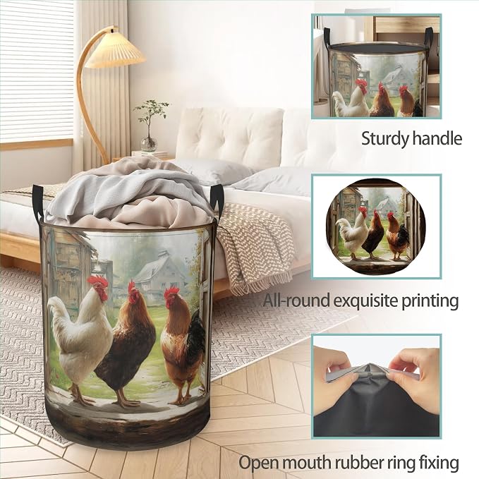 Retro FarmhouseRooster Laundry Basket With Handles Tote Bag Oxford Cloth Funny Laundry Hamper Clothes Storage Bucket Toy Organizer 16" X 20.8"For Bathroom/Laundry/Bedroom