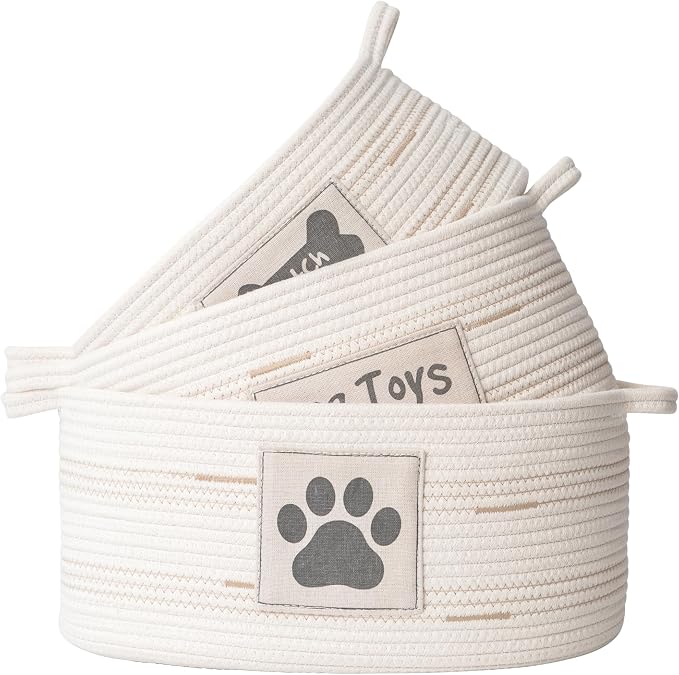 RGI Home Dog Toy Storage Baskets – Set of 3 Oval Fabric Rope Organizer Bins for Pet and Household Storage, Multi-Sized with Easy-Carry Handles, Durable and Stylish, Charcoal Gray on Ivory
