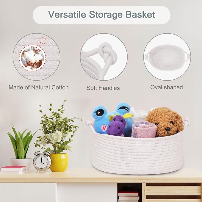 COMSE Small Gift Basket Empty with Bag & Ribbons, Solid White | Cotton Rope, 12"x 8"x 5", Pet Toy Storage Organizer, Woven Basket for Birthdays, Baby Showers, Mother’s Day, Valentine’s Day