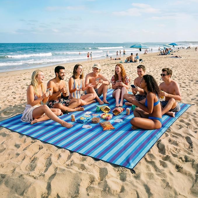 OIGAE Beach Blanket Waterproof Sandproof Oversized Beach Mat | Picnic Mat with Stakes, Storage Bag - Essentials for Outdoor Beach, Picnic,Quick-Dry Lightweight,Windproof Pockets