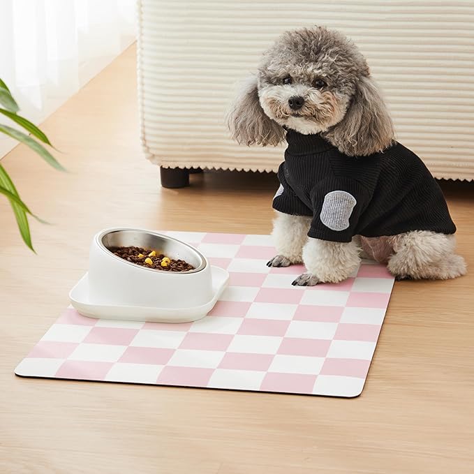 Ralxion Checkered Dog Feeding Mat, Absorbent Mats for Dog Food and Water Bowl, Dispenser, Feeder, Retro Aesthetic Pastel Pink Checkerboard Pet Placemat for Dogs, Cats, Puppy Accessories, 16" X 24”